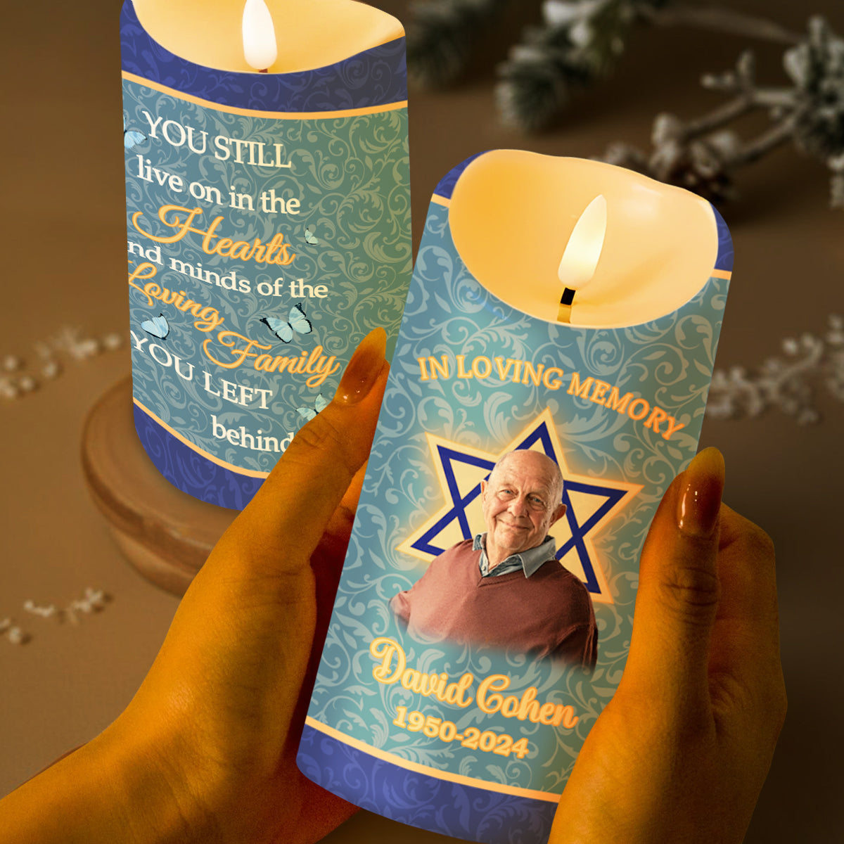 Live On In The Hearts, Star Of David And Butterflies LED Candle