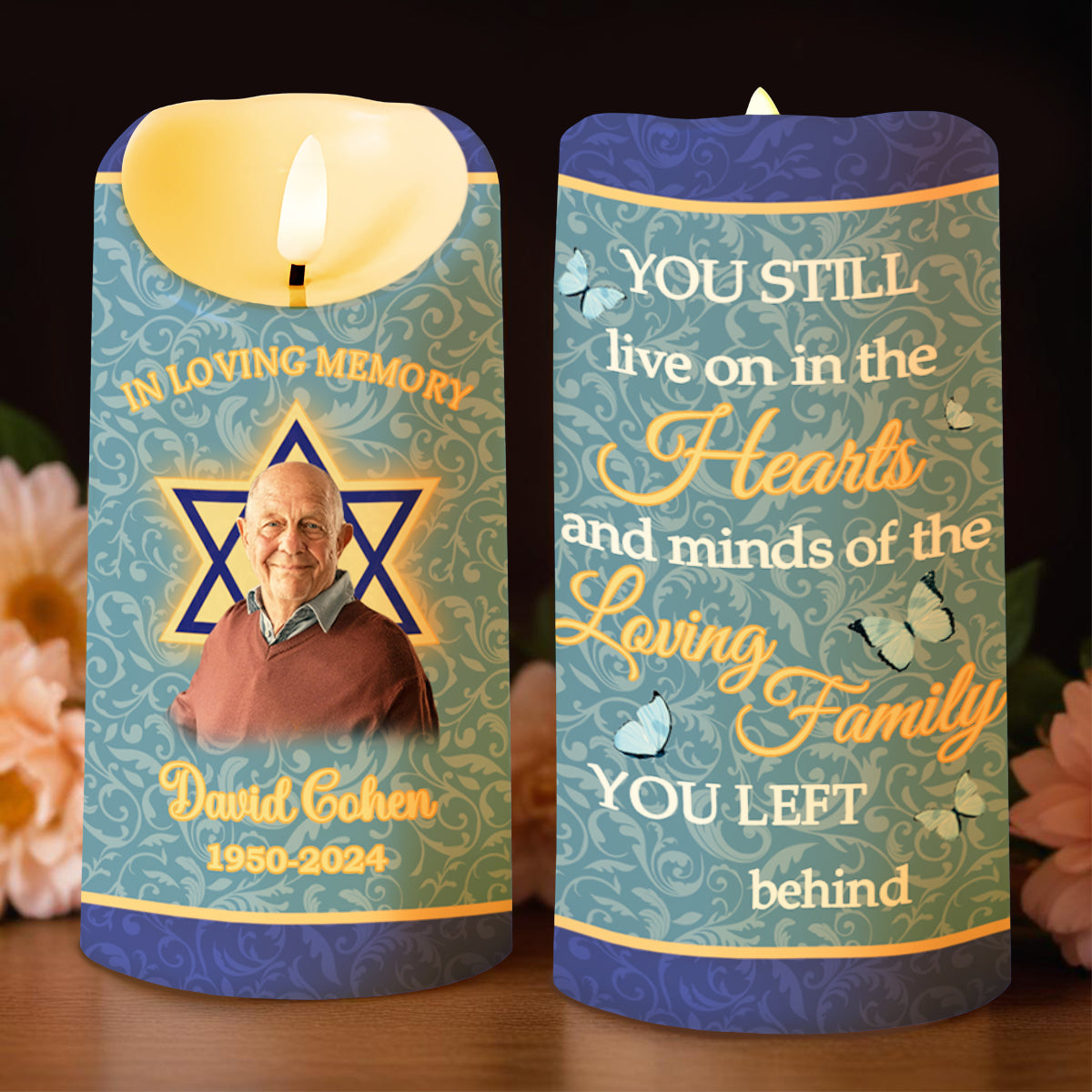 You Live On In Hearts, Star Of David, Butterflies And Floral Memory Candle