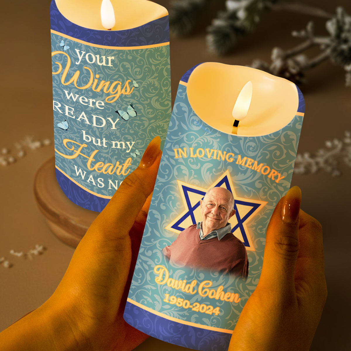You Live On In Hearts, Star Of David, Butterflies And Floral Memory Candle