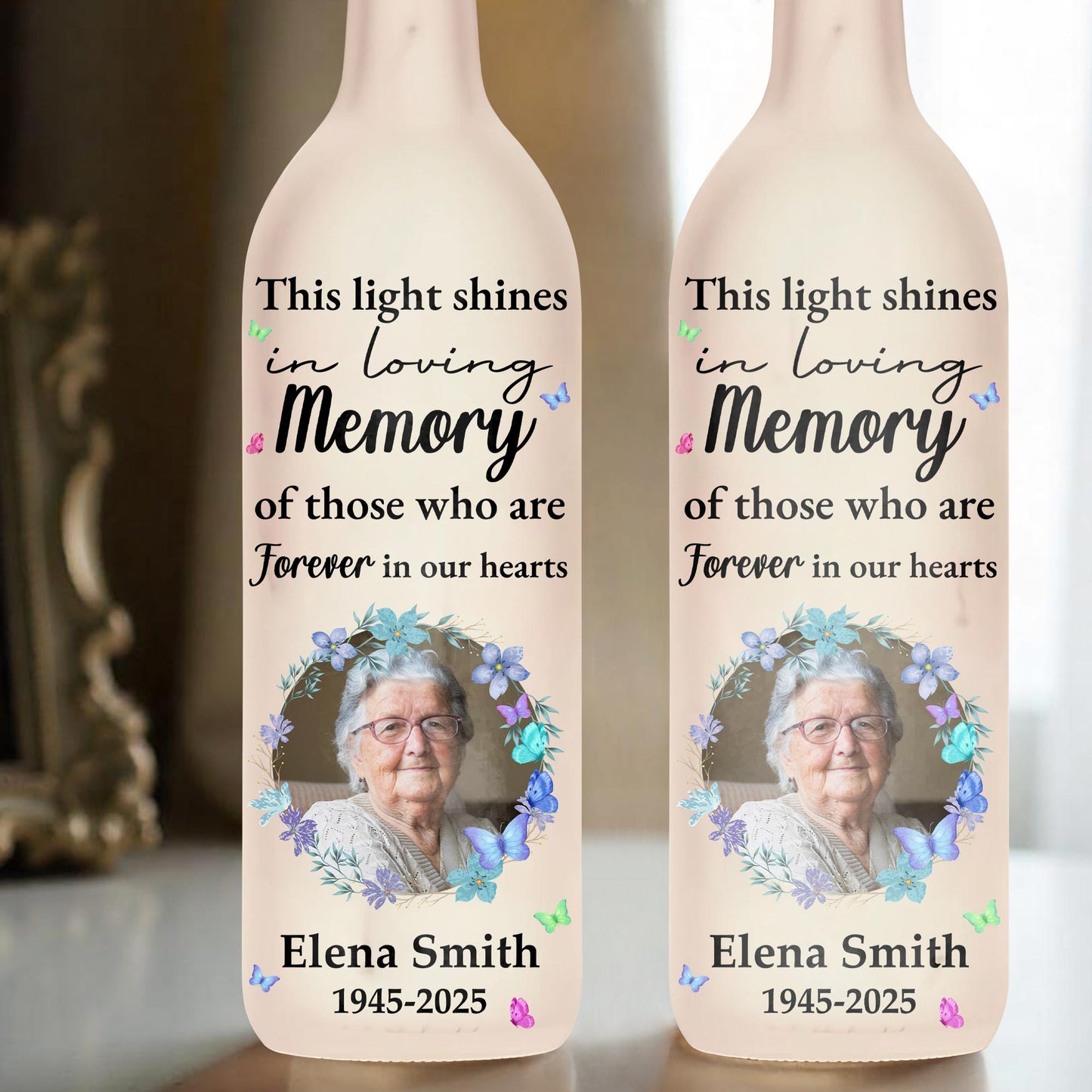 This Light Shines In Loving Memory, Flowers And Portrait