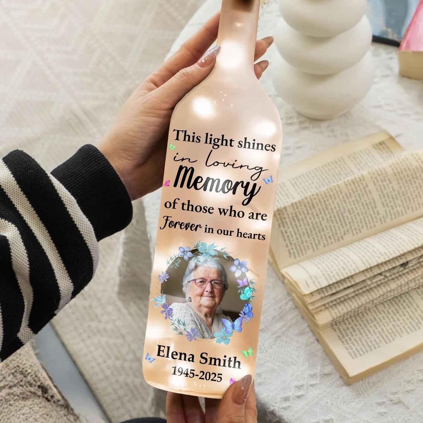 This Light Shines In Loving Memory, Flowers And Portrait