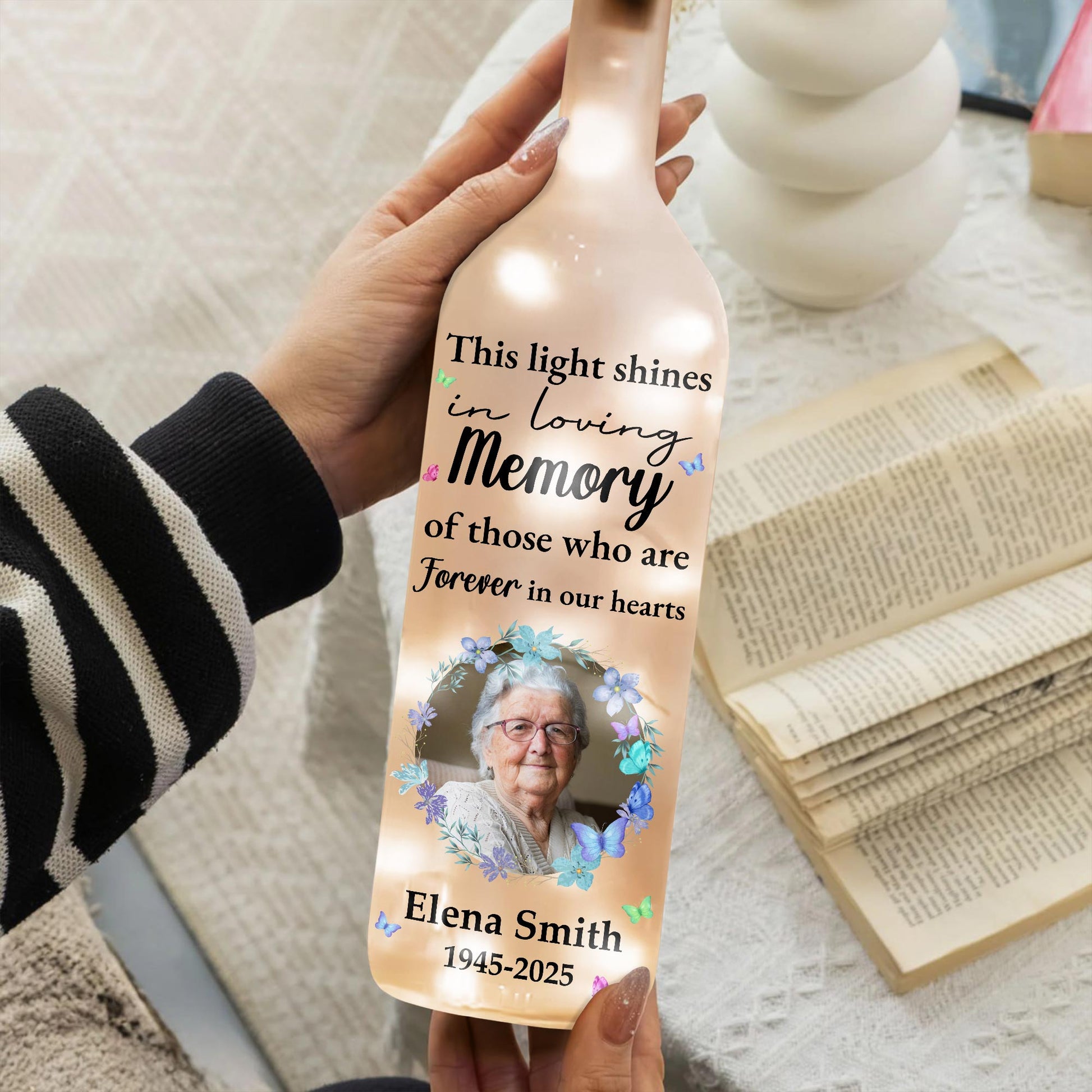 This Light Shines In Loving Memory, Flowers And Portrait