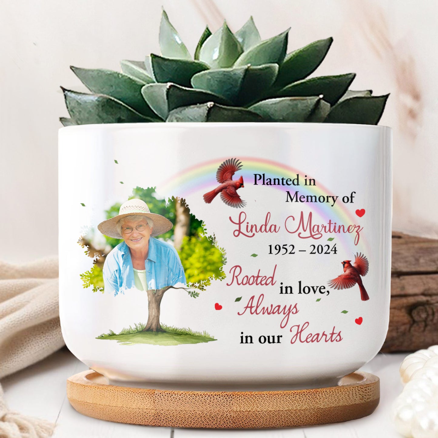 Planted In Memory Of Linda Martinez, Rooted In Love, Always In Our Hearts, Tree and Cardinals