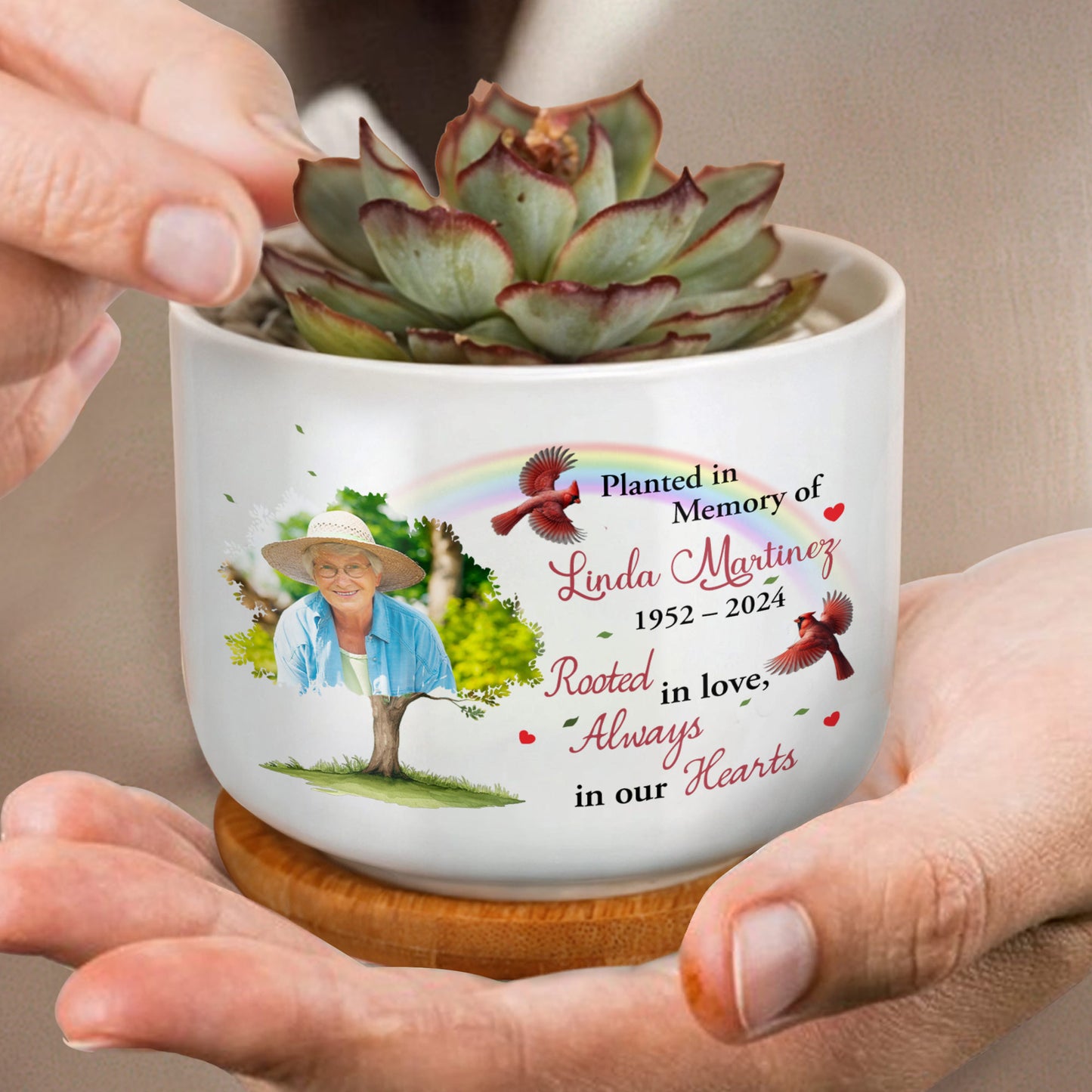 Planted In Memory Of Linda Martinez, Rooted In Love, Always In Our Hearts, Tree and Cardinals