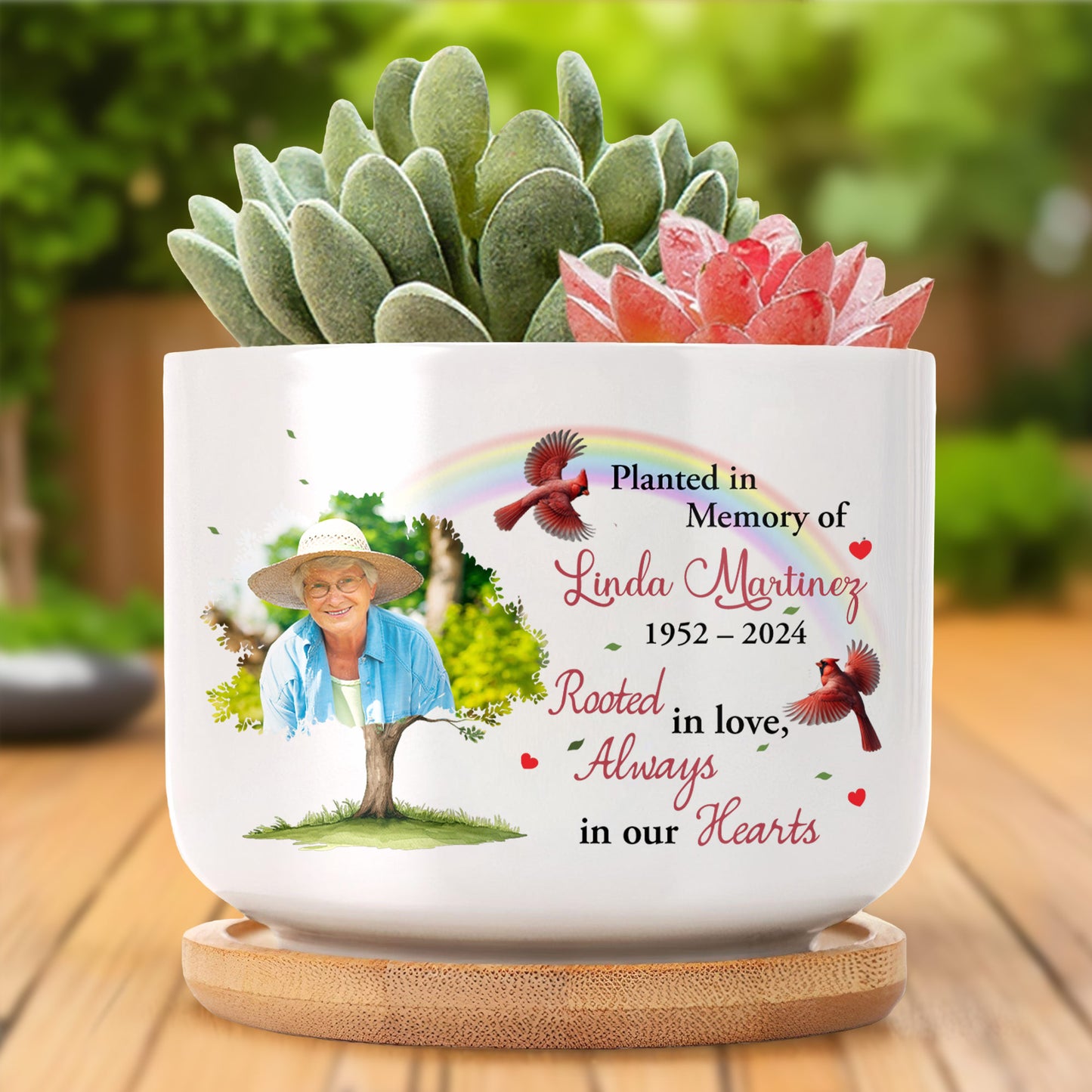Planted In Memory Of Linda Martinez, Rooted In Love, Always In Our Hearts, Tree and Cardinals