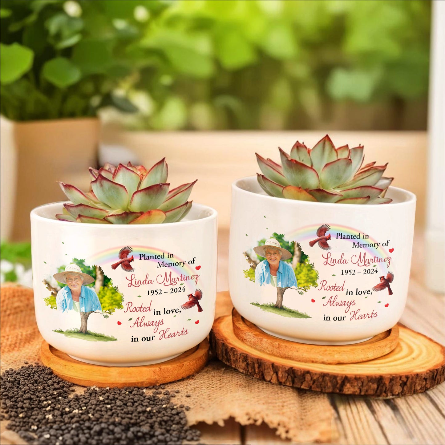 Planted In Memory Of Linda Martinez, Rooted In Love, Always In Our Hearts, Tree and Cardinals