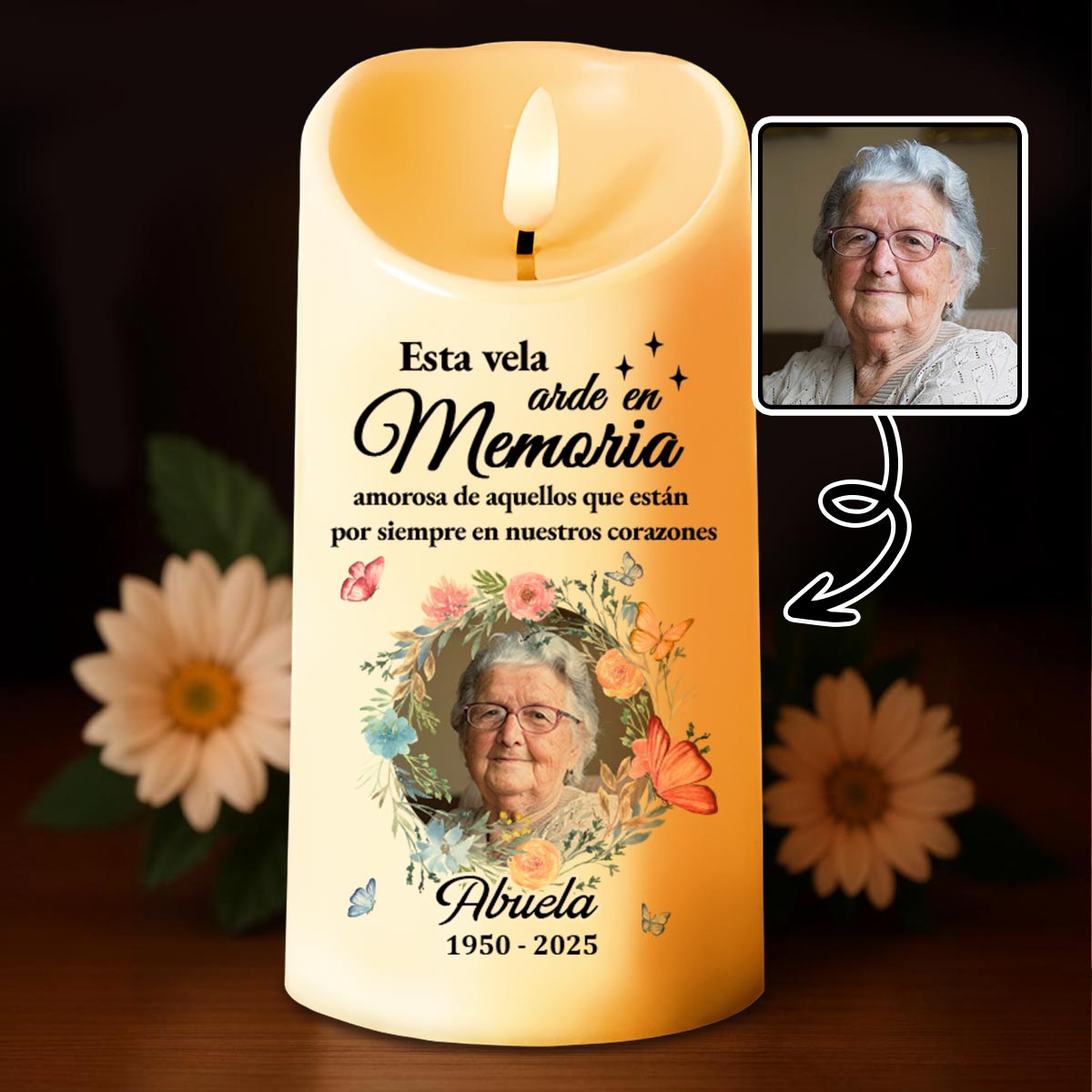 Esta Vela Arde En Memoria Amorosa Candle With Flowers and Butterflies