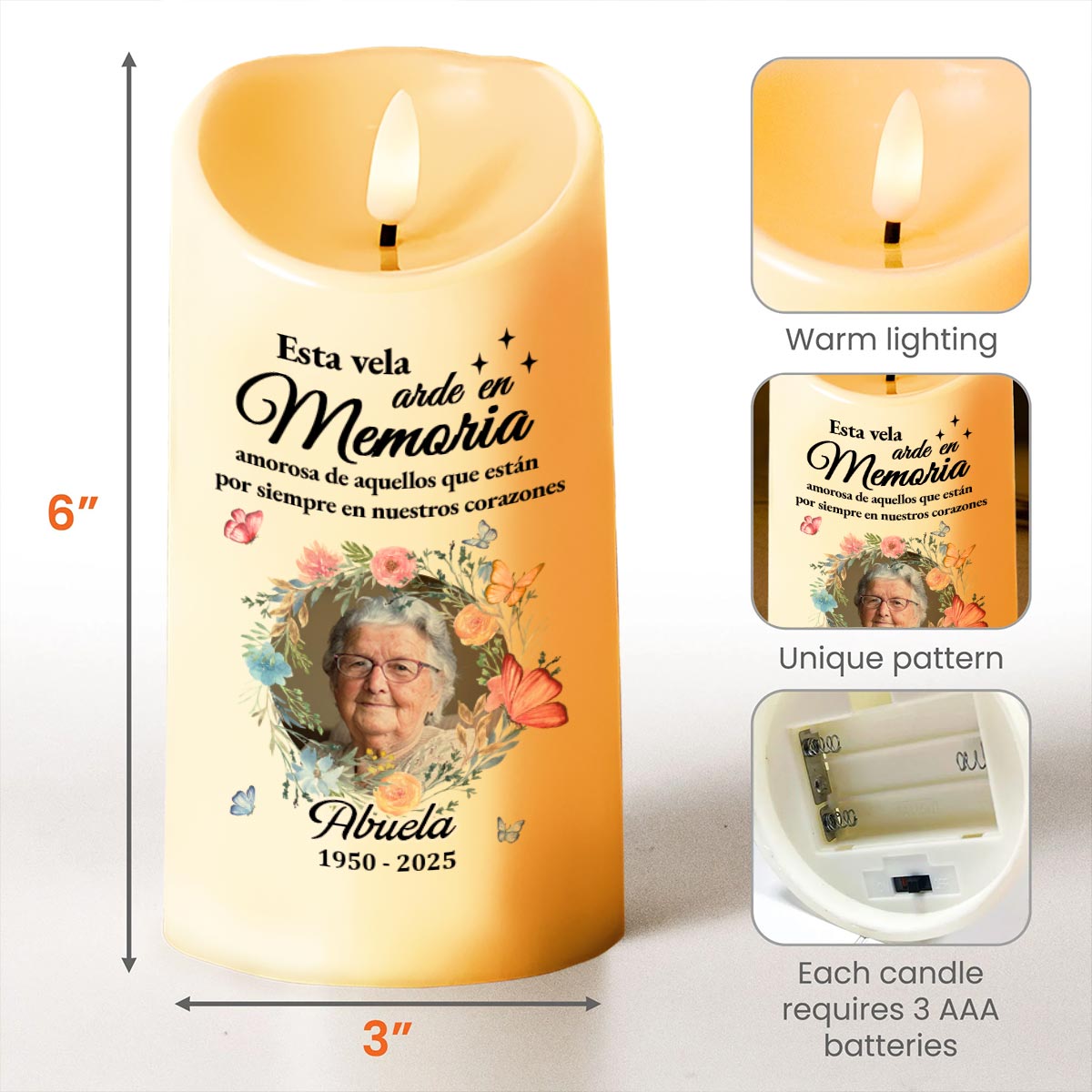 Esta Vela Arde En Memoria Amorosa Candle With Flowers and Butterflies