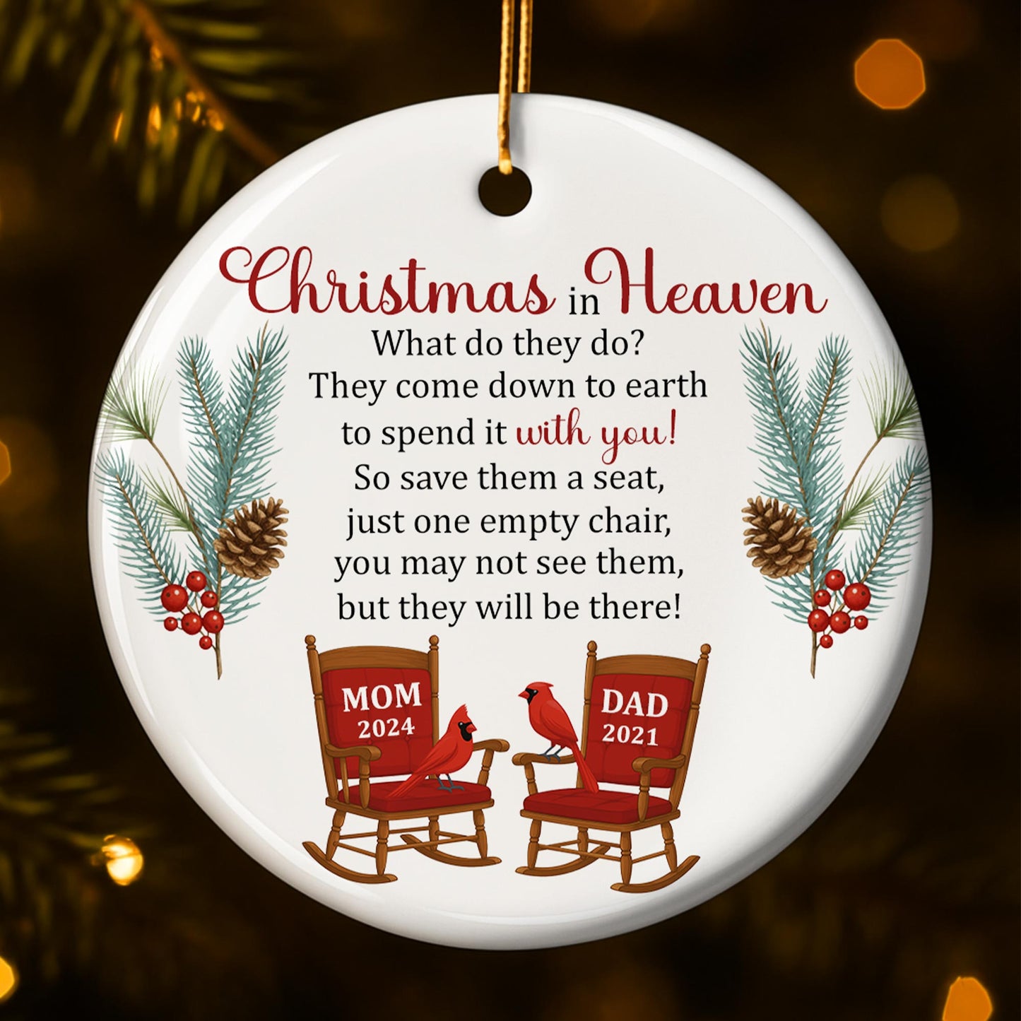 Christmas In Heaven, Pine Cones, Berries, And Cardinal Birds