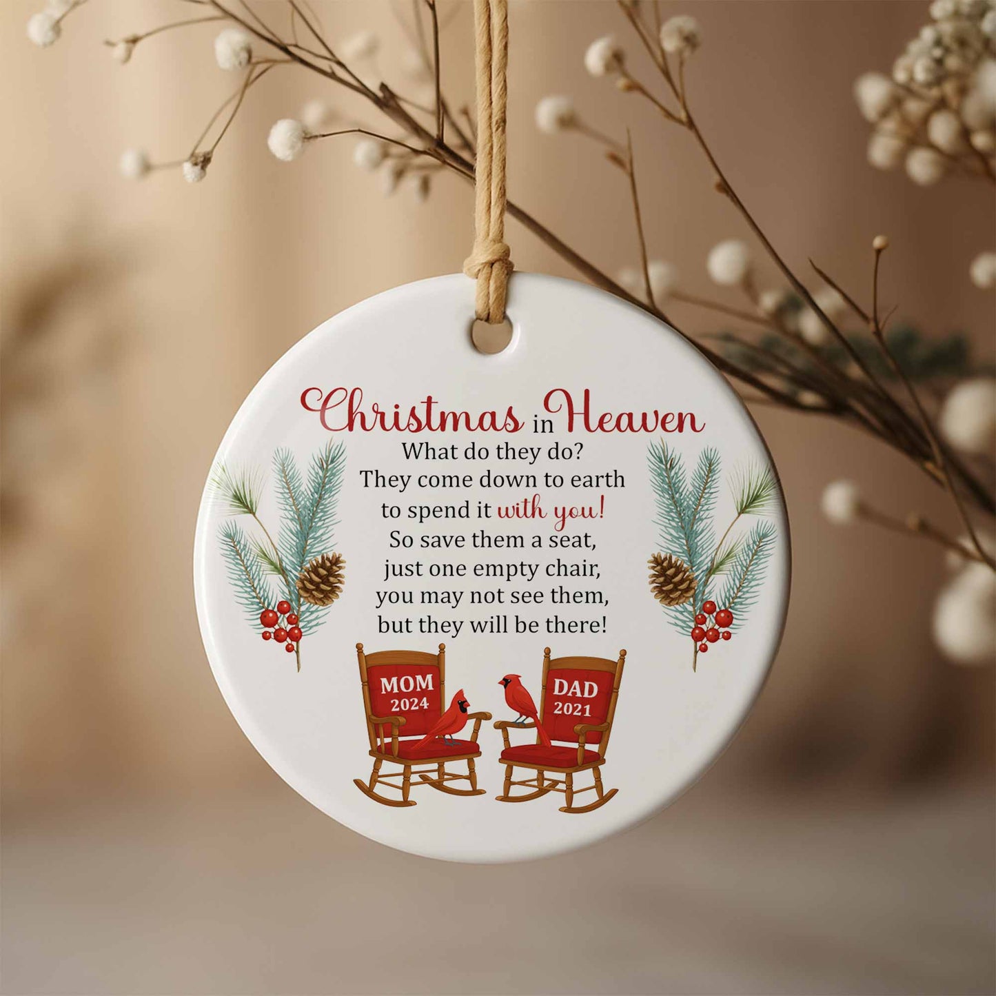 Christmas In Heaven, Pine Cones, Berries, And Cardinal Birds