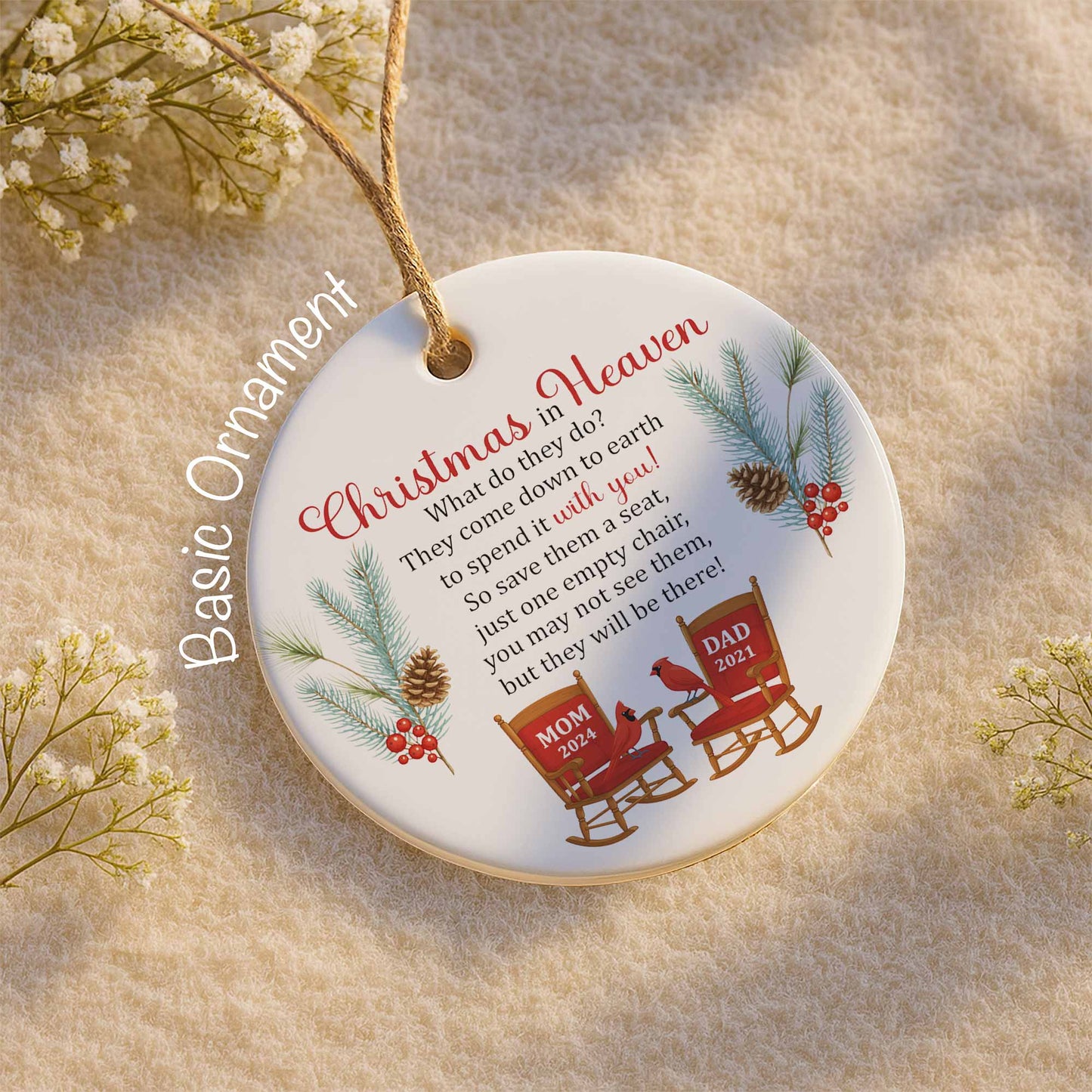 Christmas In Heaven, Pine Cones, Berries, And Cardinal Birds