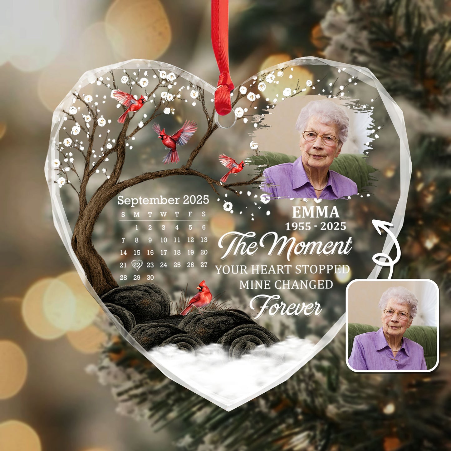 The Moment Your Heart Stopped Mine Changed Forever, Cardinals Heart Design - Personalized Heart Glass Ornament - HME265_HEGOR