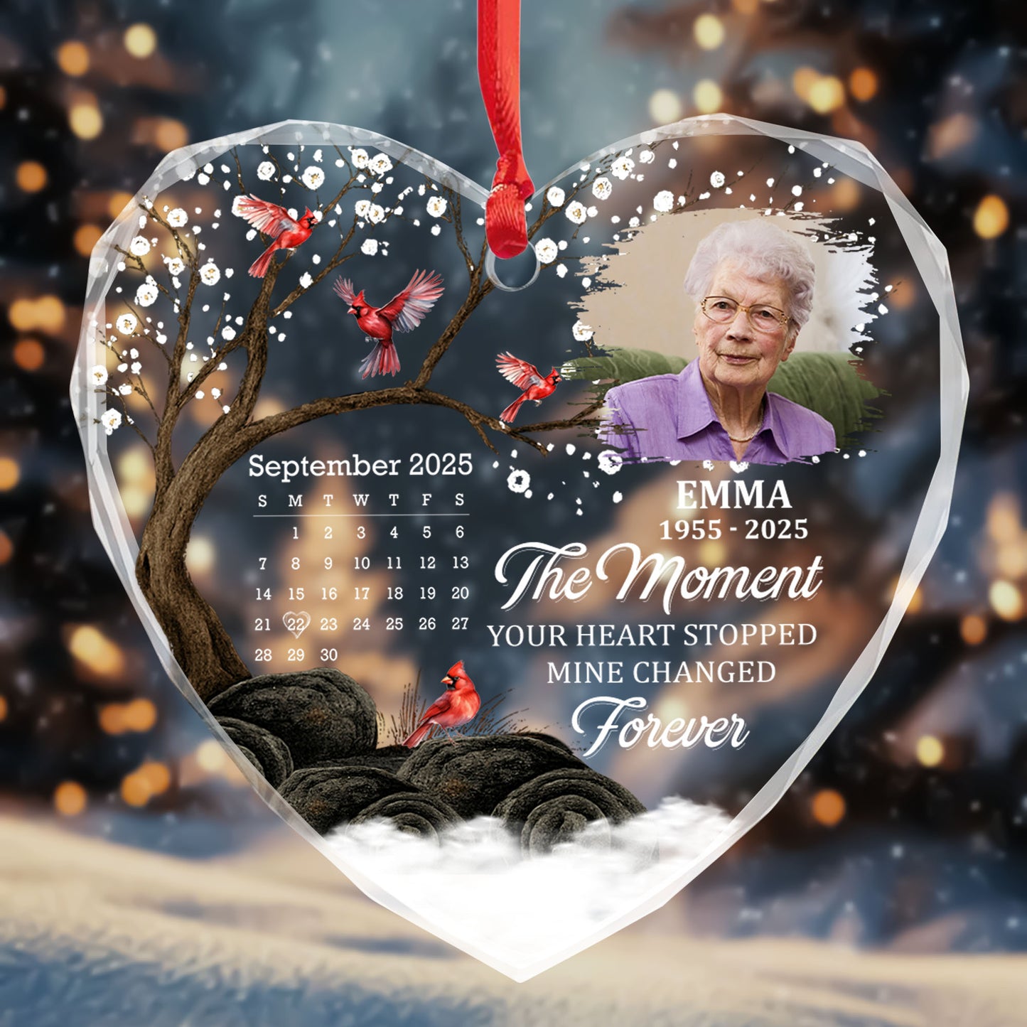 The Moment Your Heart Stopped Mine Changed Forever, Cardinals Heart Design - Personalized Heart Glass Ornament - HME265_HEGOR