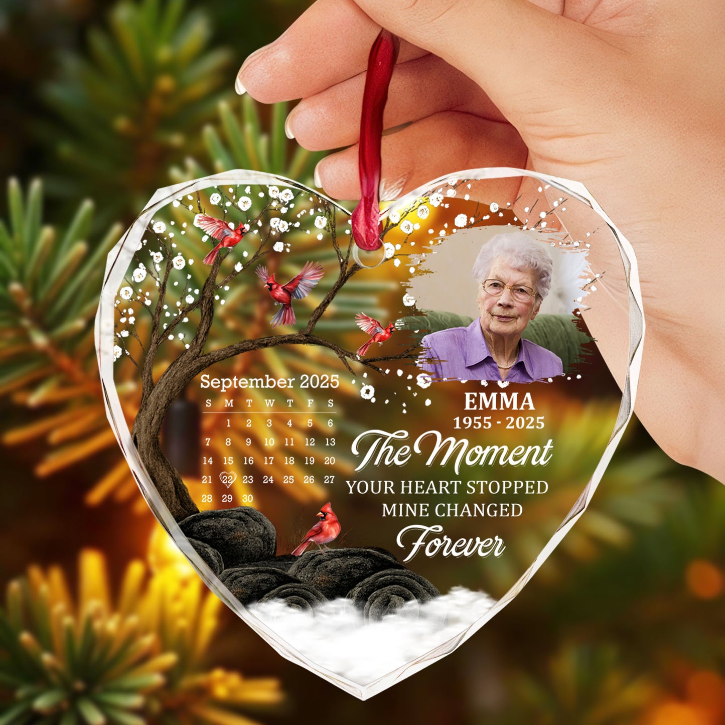 The Moment Your Heart Stopped Mine Changed Forever, Cardinals Heart Design - Personalized Heart Glass Ornament - HME265_HEGOR