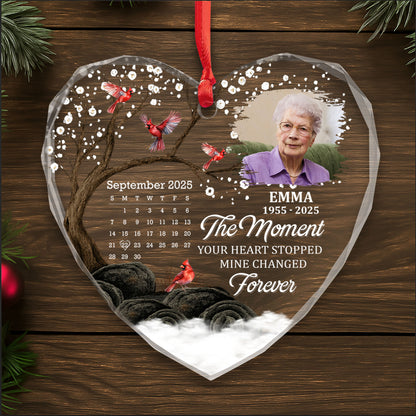 The Moment Your Heart Stopped Mine Changed Forever, Cardinals Heart Design - Personalized Heart Glass Ornament - HME265_HEGOR