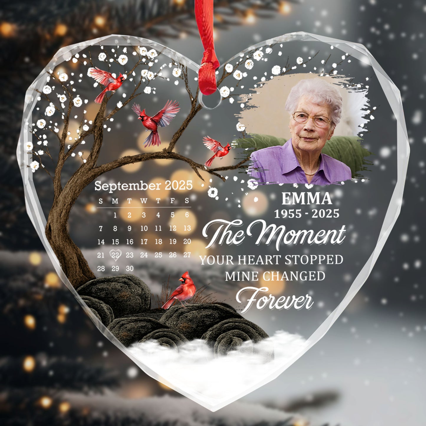The Moment Your Heart Stopped Mine Changed Forever, Cardinals Heart Design - Personalized Heart Glass Ornament - HME265_HEGOR