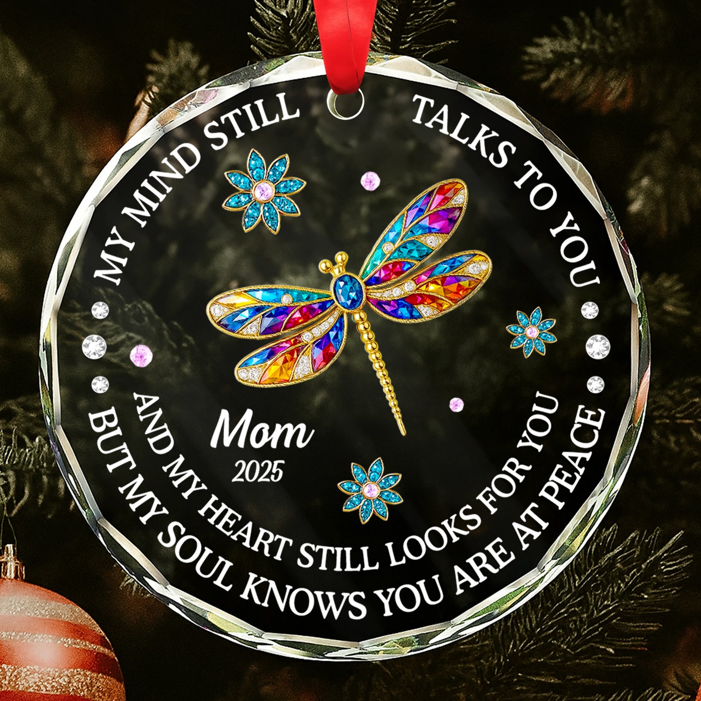 Mi mente aún te habla, diseño de cardenales y flores - Adorno circular de cristal personalizado - HME268_CGOR 