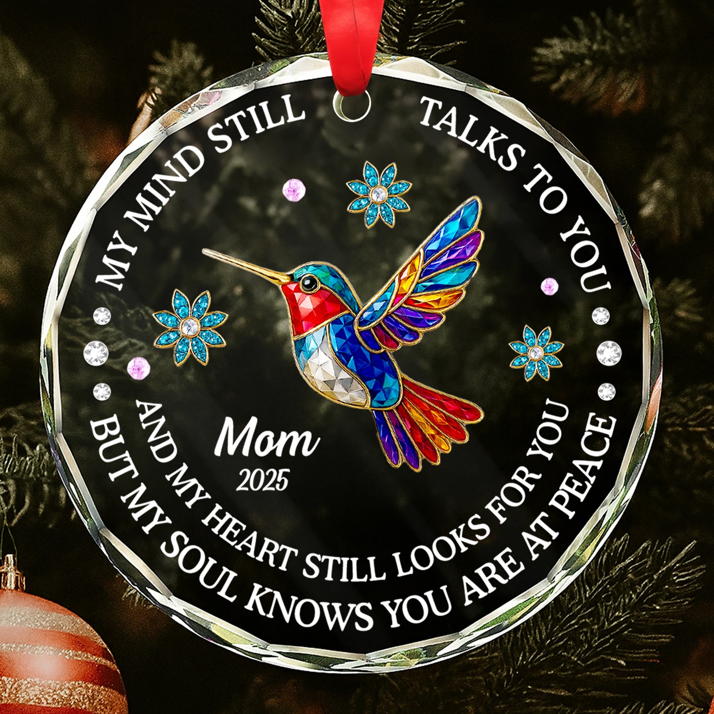 Mi mente aún te habla, diseño de cardenales y flores - Adorno circular de cristal personalizado - HME268_CGOR 