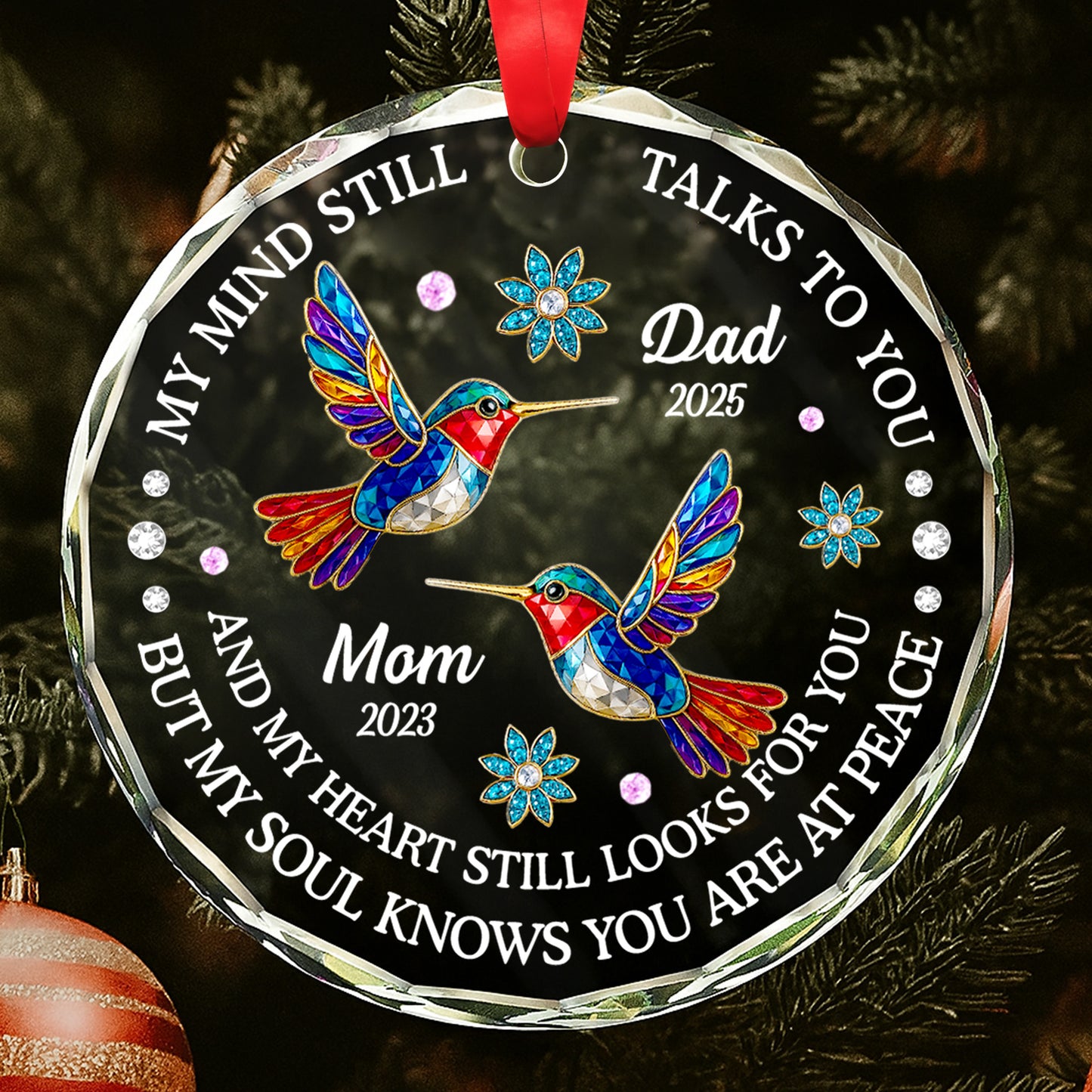 Mi mente aún te habla, diseño de cardenales y flores - Adorno circular de cristal personalizado - HME268_CGOR 