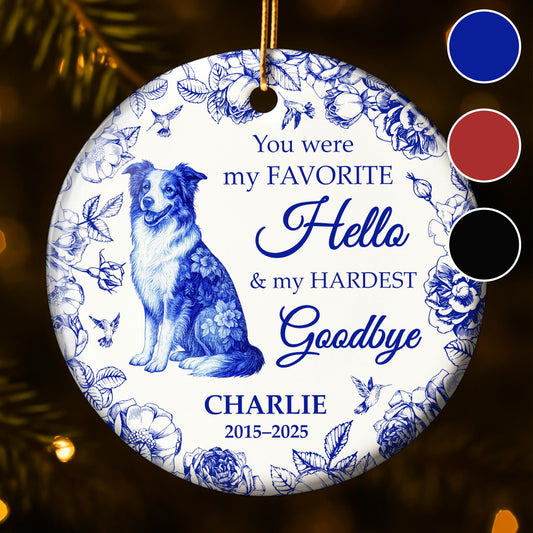 Favorite Hello & Hardest Goodbye, Dog and Flowers Ornament