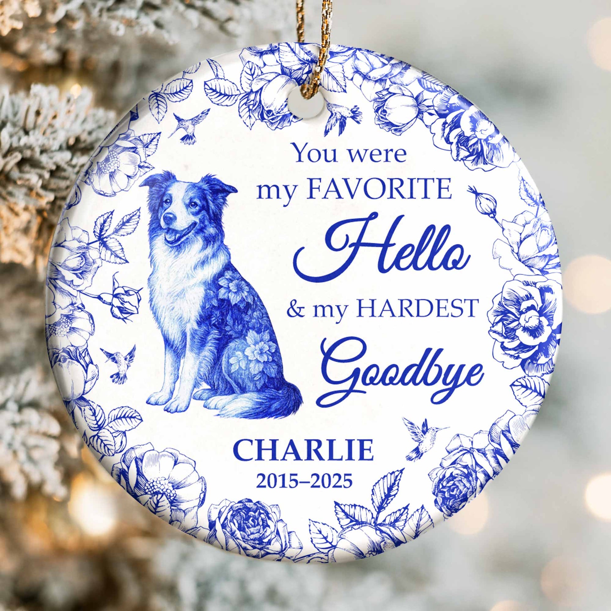 Favorite Hello & Hardest Goodbye, Dog and Flowers Ornament