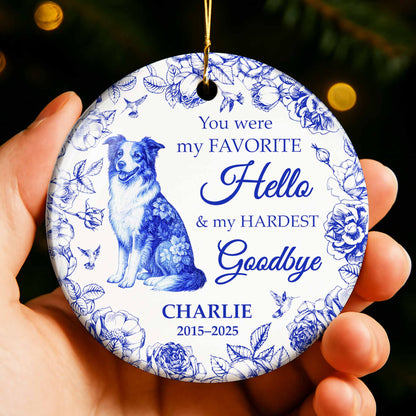 Favorite Hello & Hardest Goodbye, Dog and Flowers Ornament