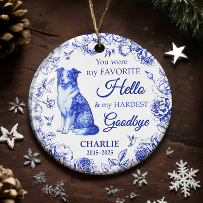 Favorite Hello & Hardest Goodbye, Dog and Flowers Ornament