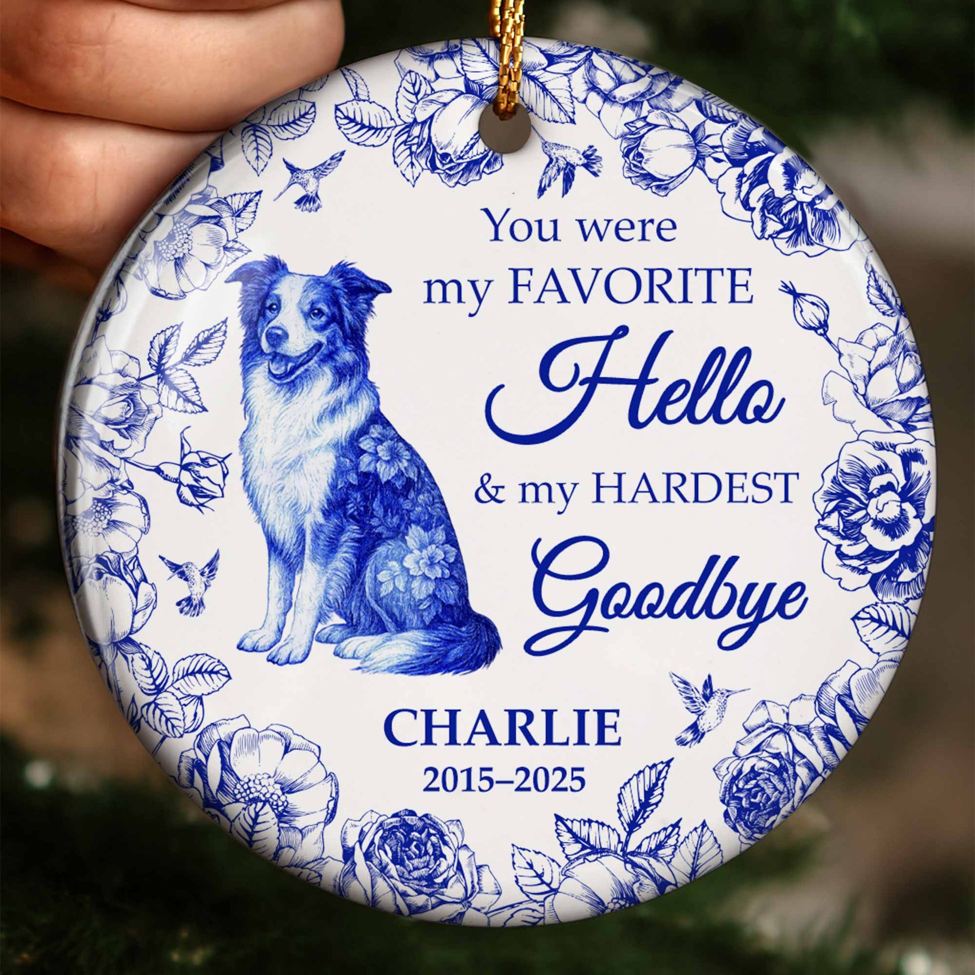 Favorite Hello & Hardest Goodbye, Dog and Flowers Ornament