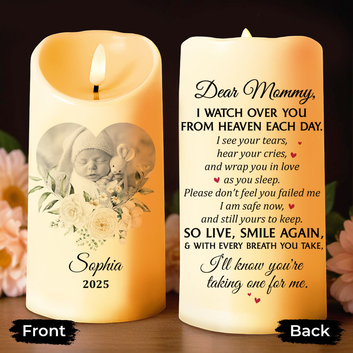 Dear Mommy, I Watch Over You From Heaven Floral Candle