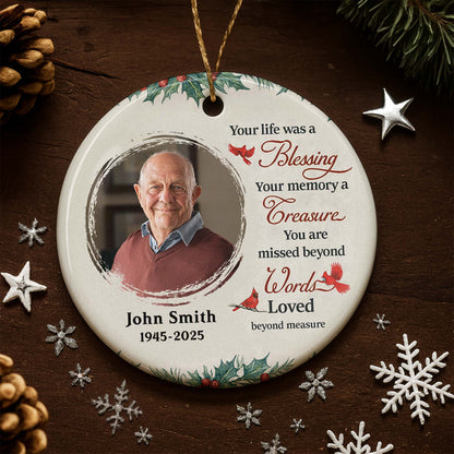 Your Life Was a Blessing Memorial Ornament With Cardinal Bird