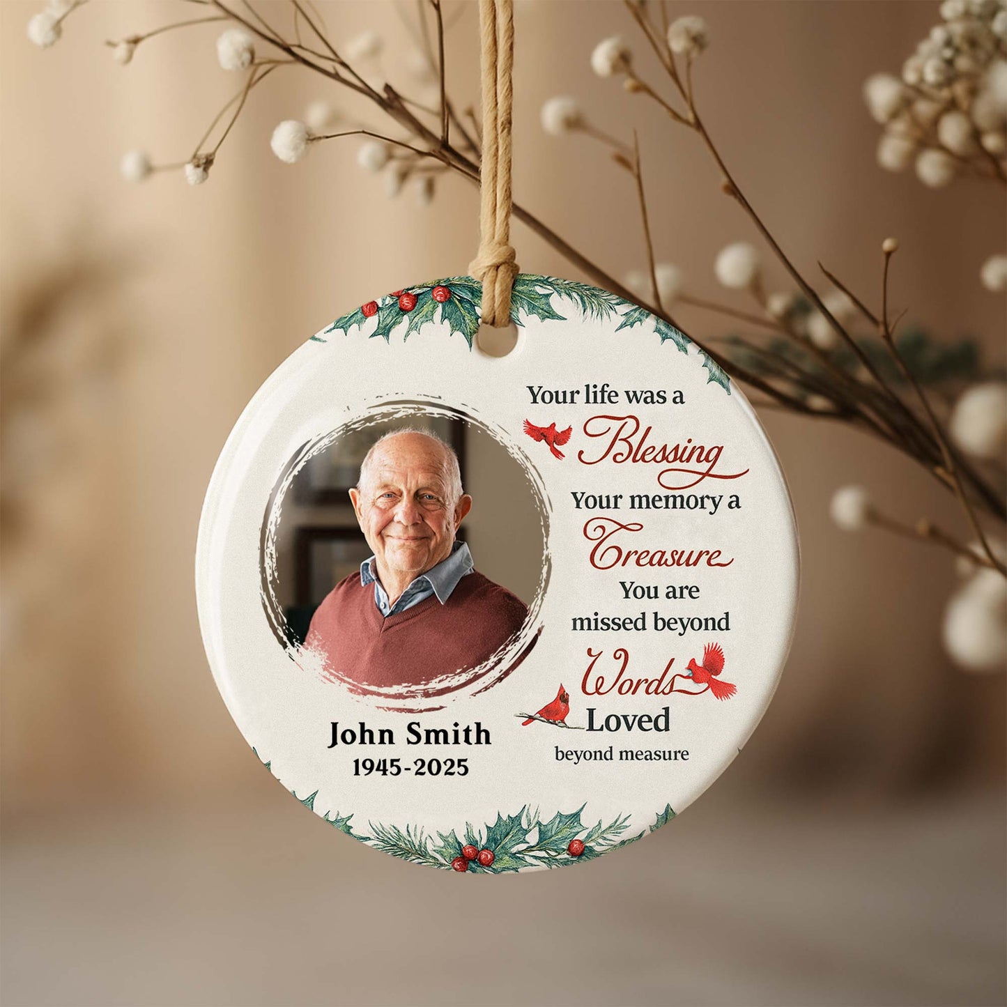 Your Life Was a Blessing Memorial Ornament With Cardinal Bird