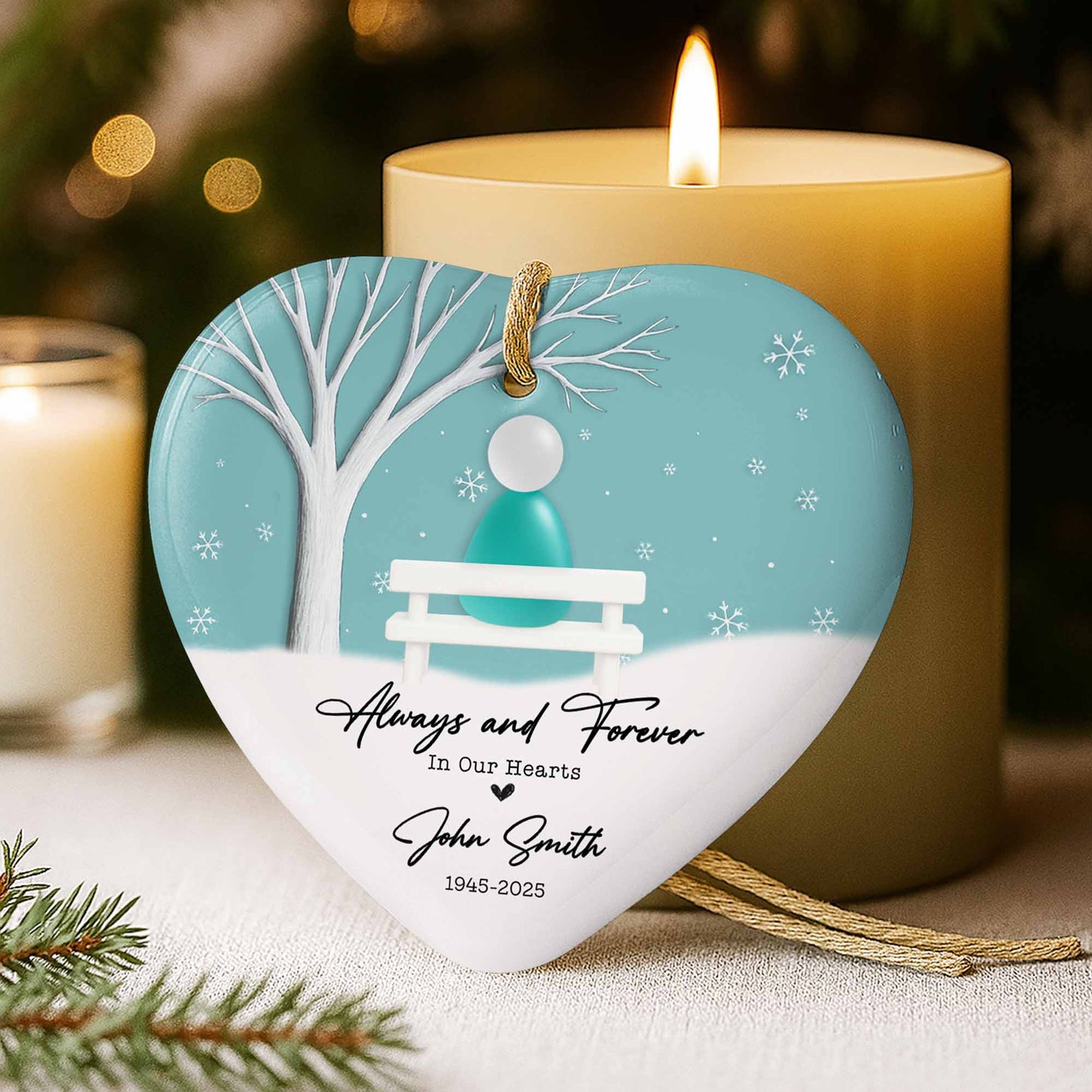 Always and Forever In Our Hearts With Tree and Snowflakes