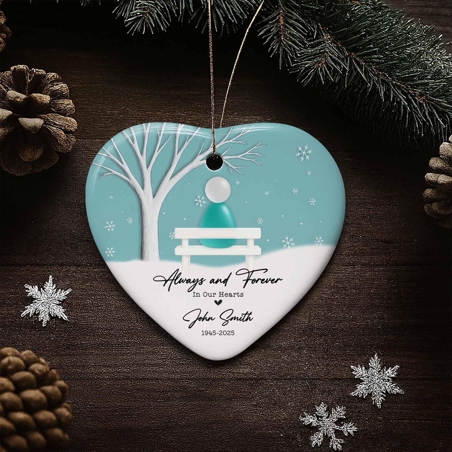 Always and Forever In Our Hearts With Tree and Snowflakes