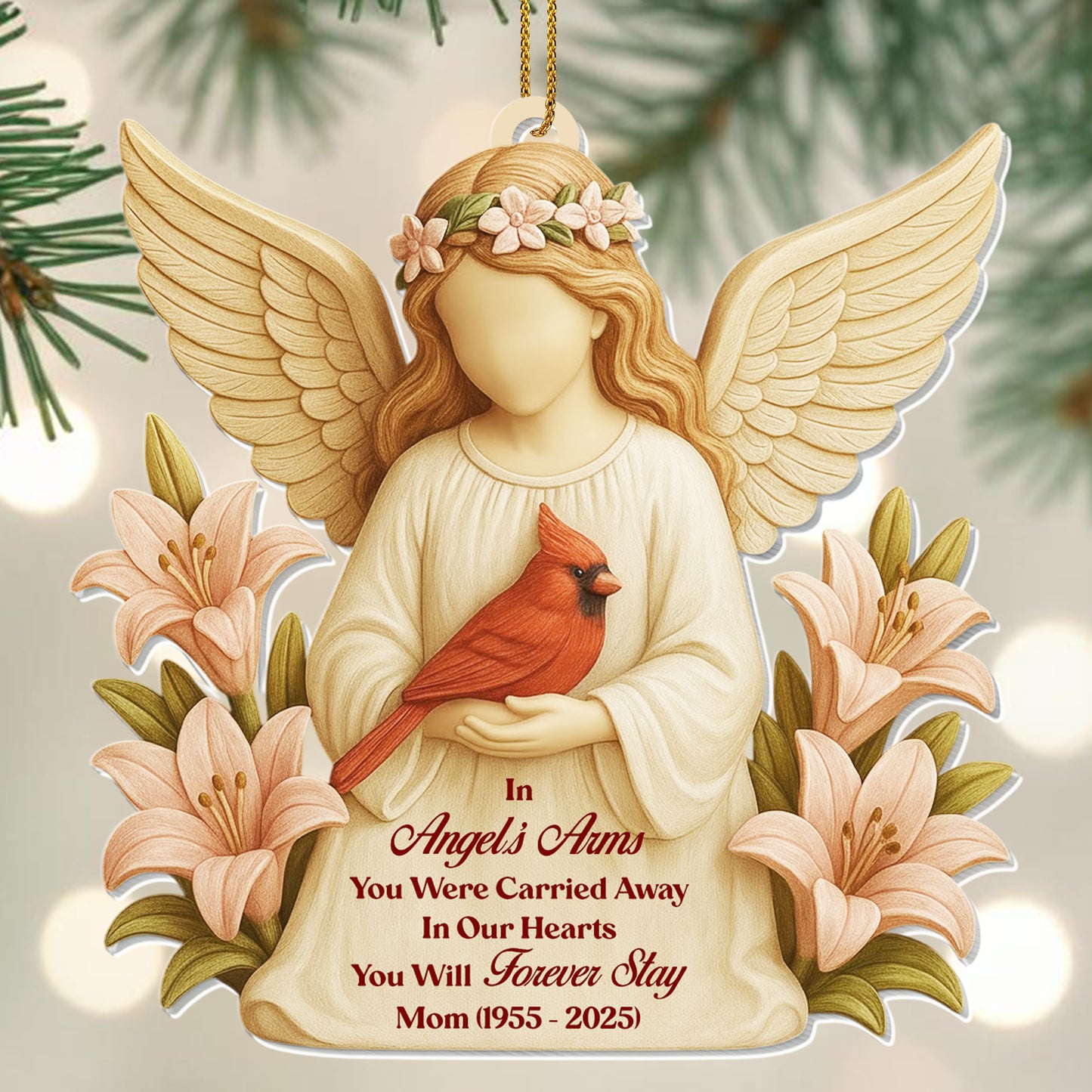 In Angel's Arms, You Were Carried Away, Angel And Cardinal - Personalized Custom Acrylic Ornament, Christmas Gift - HME403_ACO