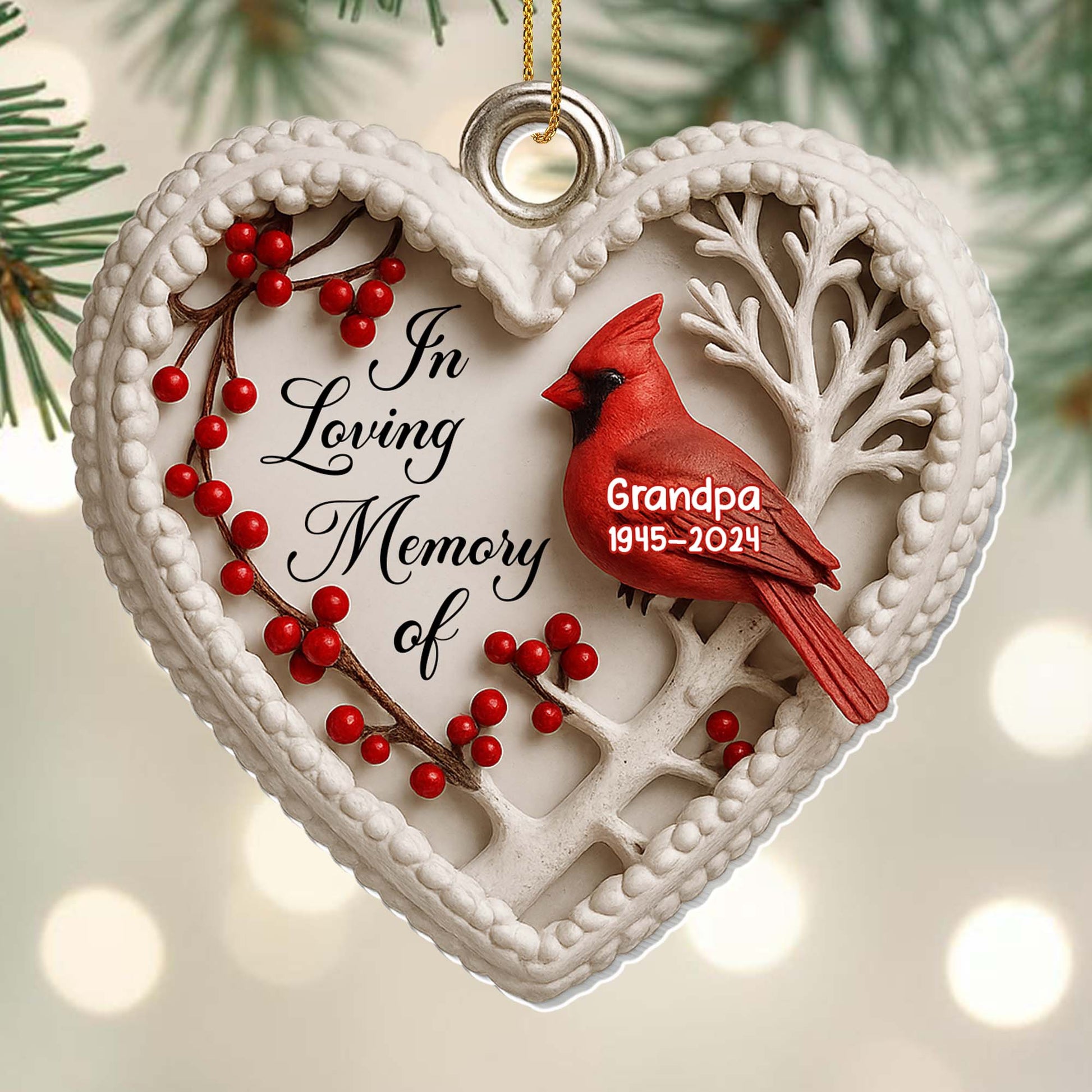 In Loving Memory Of Cardinal And Berries Heart Ornament