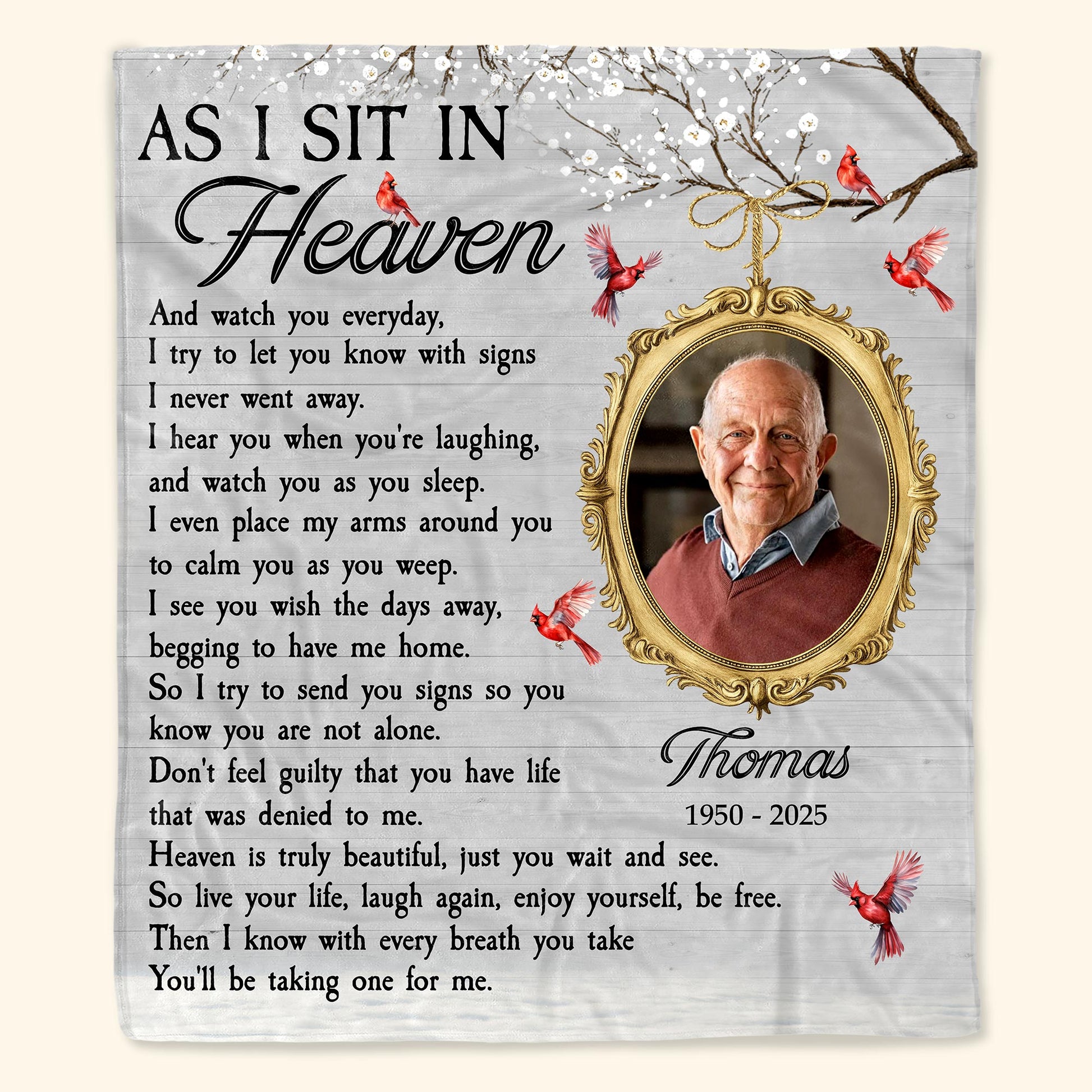 As I Sit In Heaven Memorial Blanket With Birds And Frame