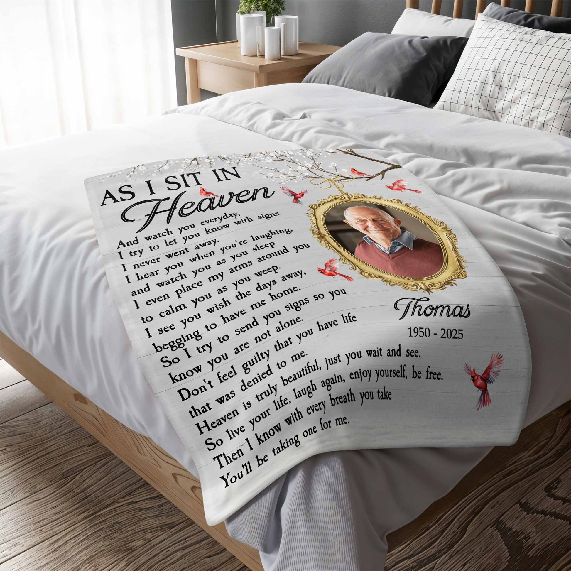 As I Sit In Heaven Memorial Blanket With Birds And Frame