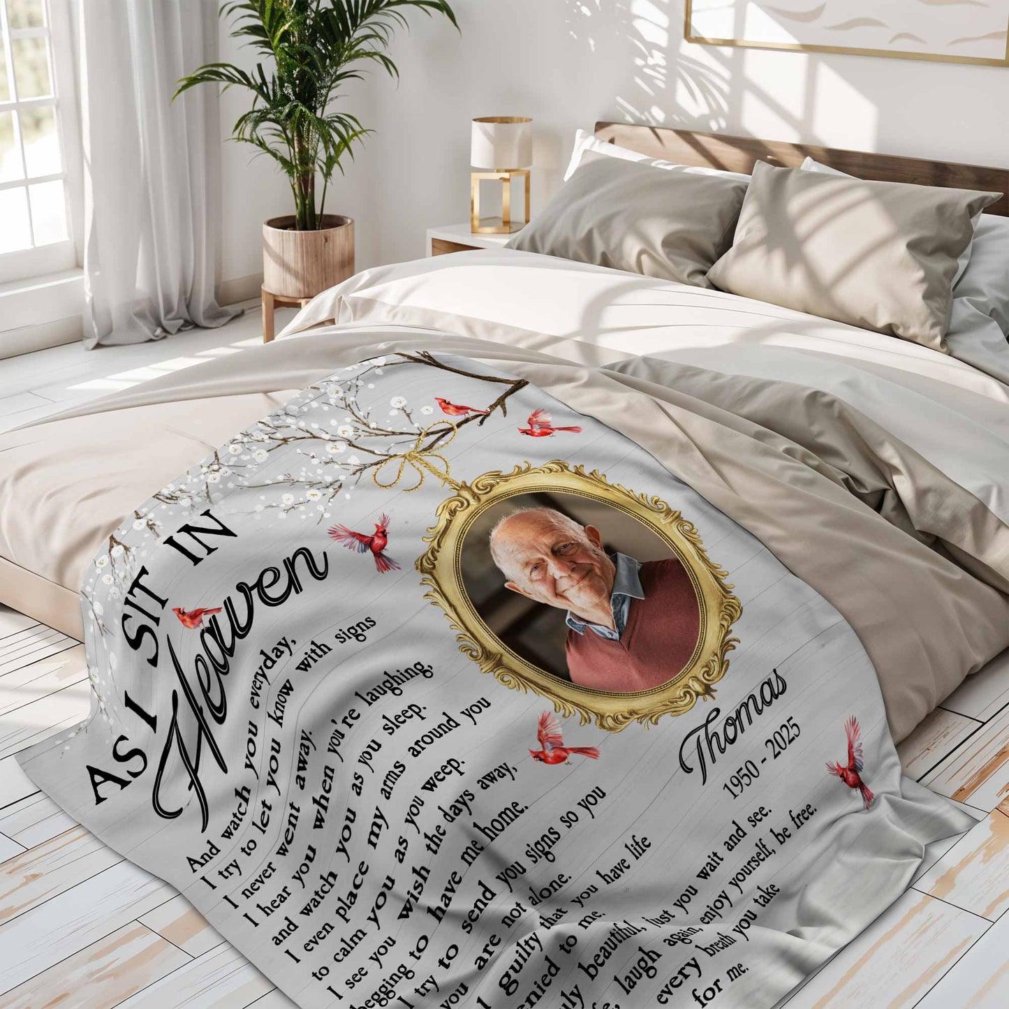As I Sit In Heaven Memorial Blanket With Birds And Frame