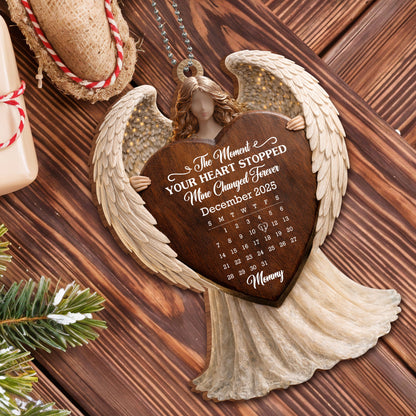 The Moment Your Heart Stopped, Angel Ornament With Calendar - Personalized Custom Wood Ornament, Car Hanging Ornament - HME482_WCA