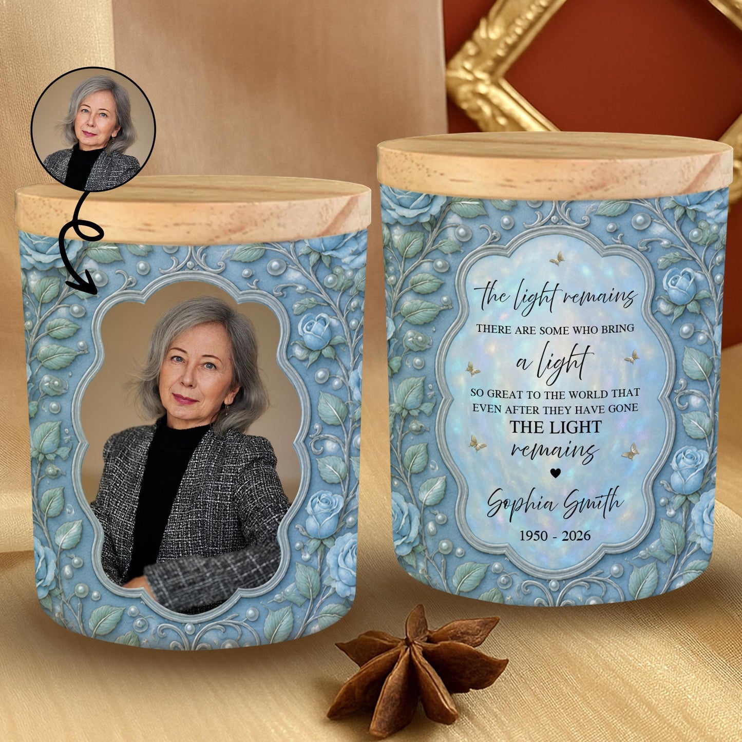 The Light Remains Memorial Custom Photo Blue Roses And Butterflies - Personalized Custom Glass Jar With LED - HME610_LEJAR