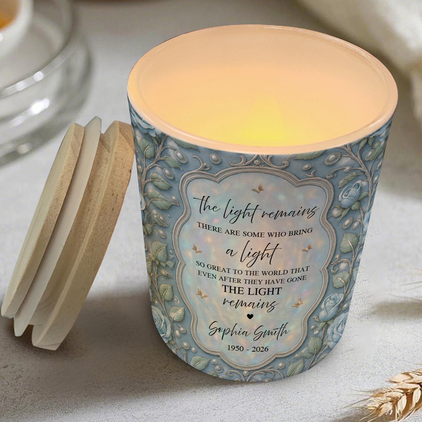 The Light Remains Memorial Custom Photo Blue Roses And Butterflies - Personalized Custom Glass Jar With LED - HME610_LEJAR
