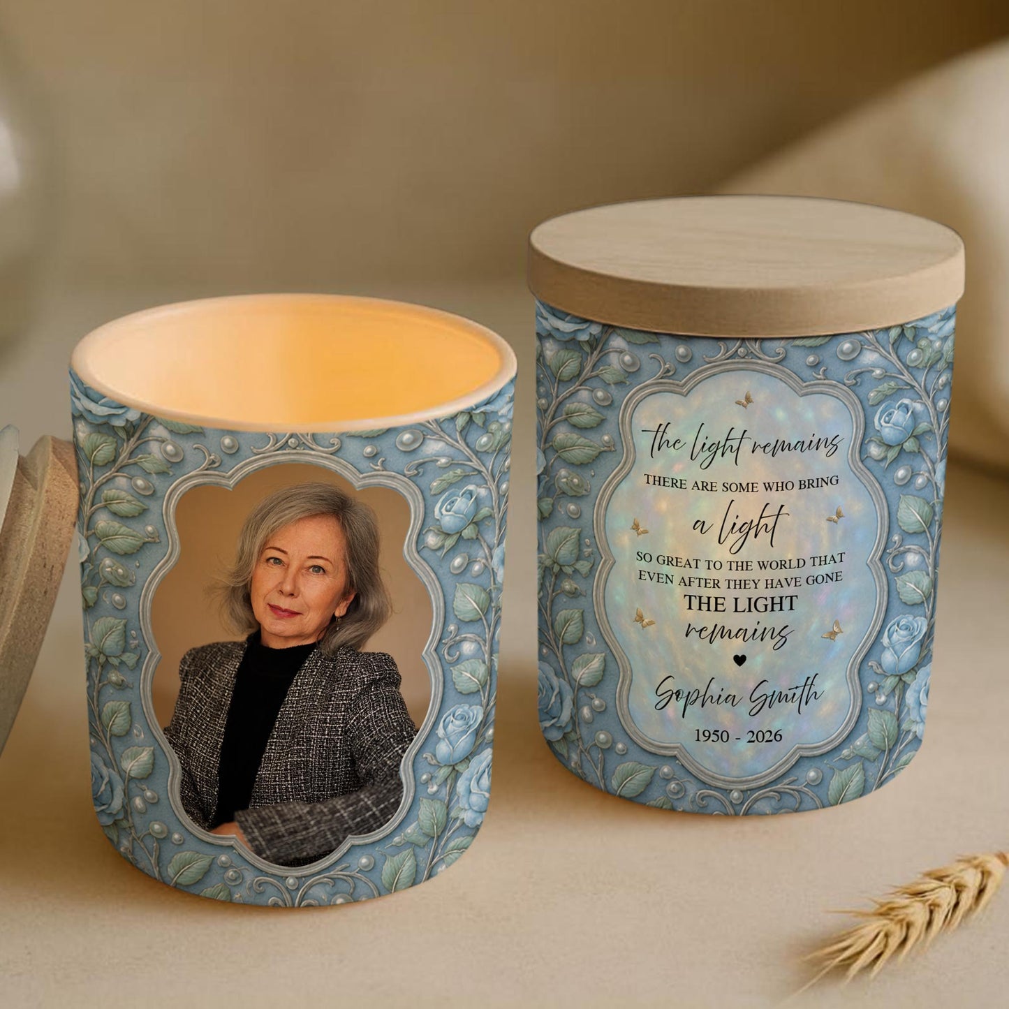 The Light Remains Memorial Custom Photo Blue Roses And Butterflies - Personalized Custom Glass Jar With LED - HME610_LEJAR