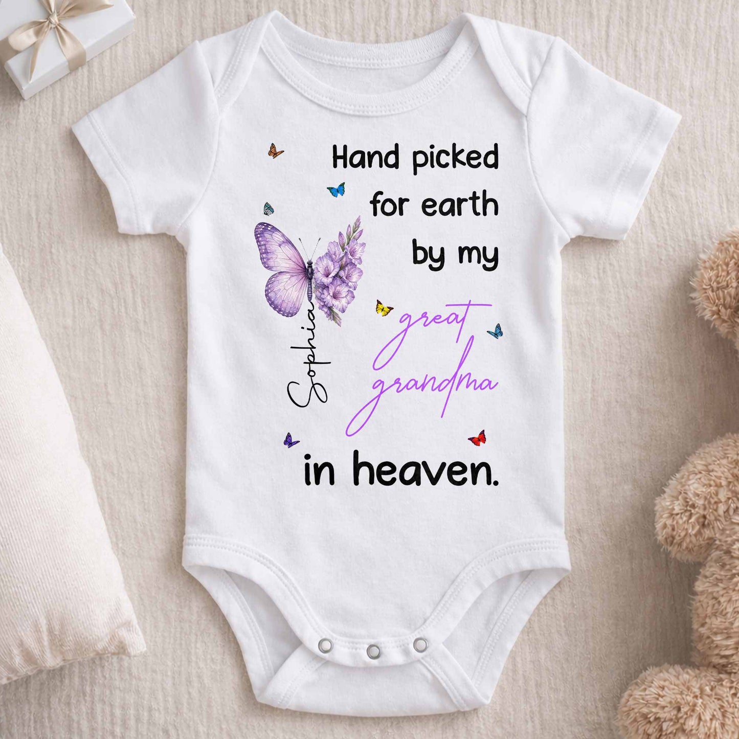Hand Picked For Earth By My Great Grandma Flowers Butterflies - Personalized Custom Baby Onesie - HME620_ONES