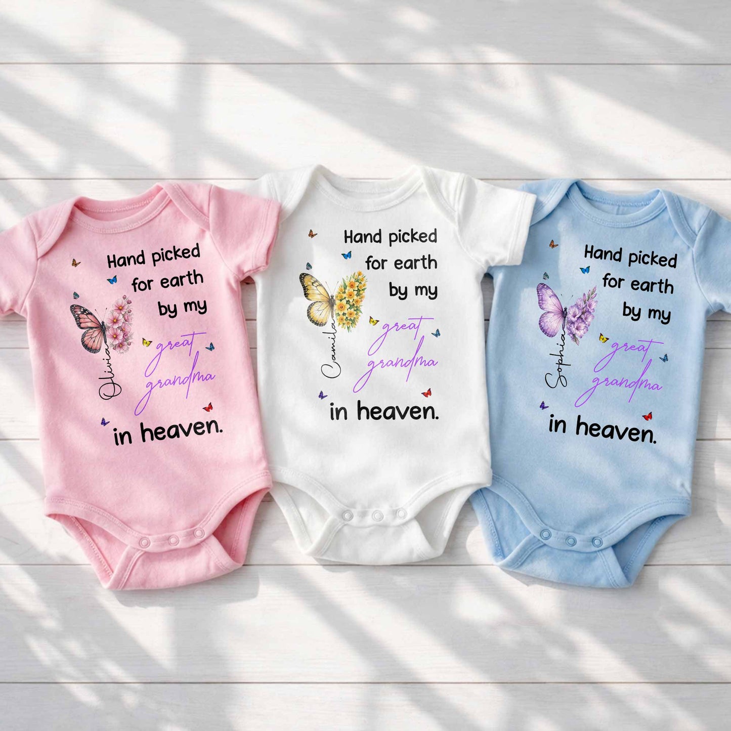 Hand Picked For Earth By My Great Grandma Flowers Butterflies - Personalized Custom Baby Onesie - HME620_ONES