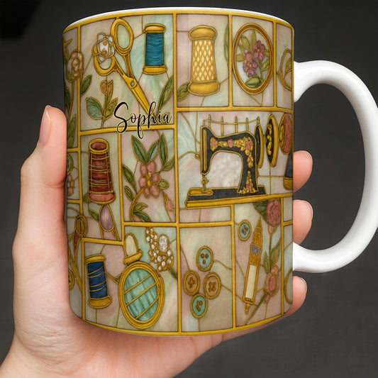 Craft Themed Personalized Mug Featuring Sewing Machine And Flowers