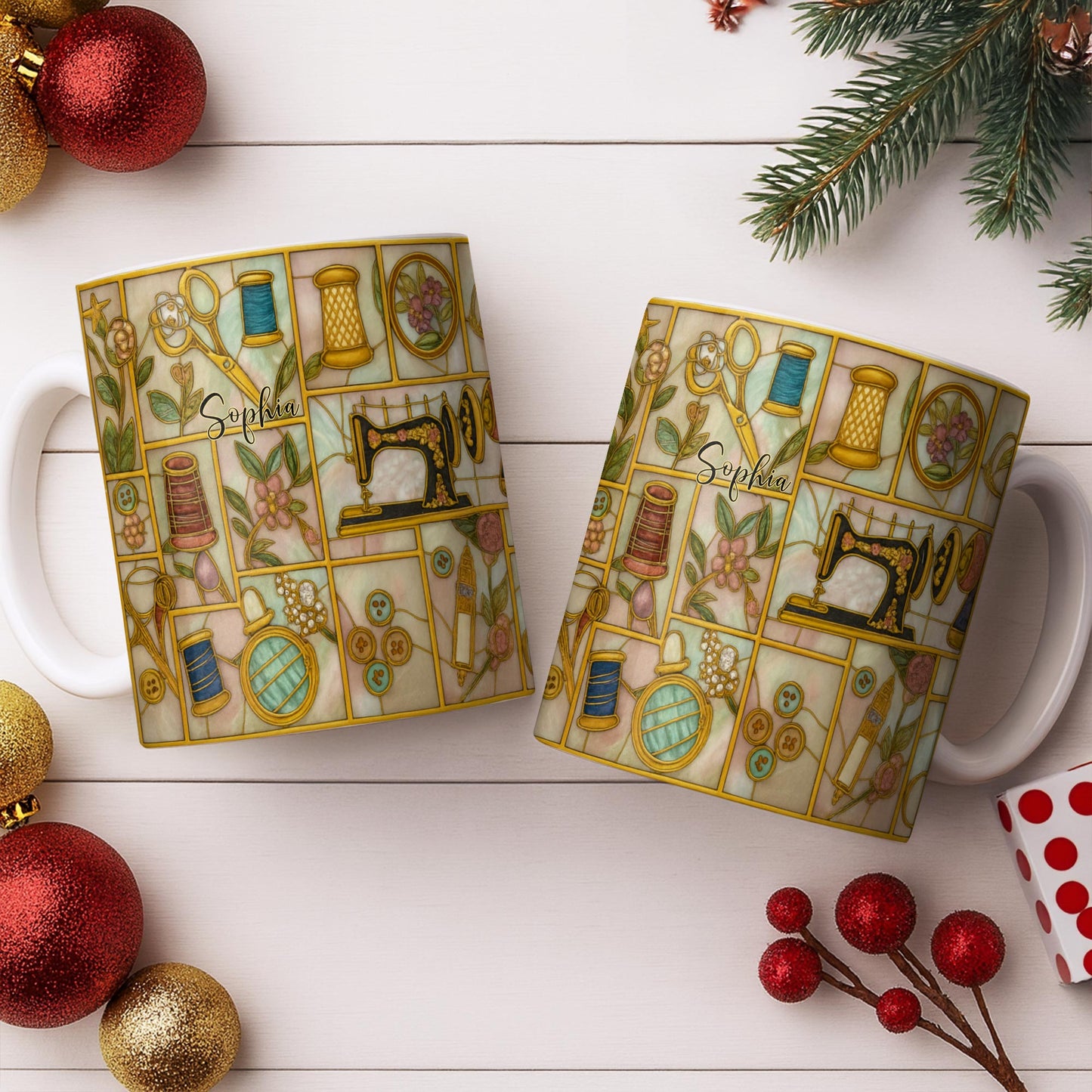 Craft Themed Personalized Mug Featuring Sewing Machine And Flowers