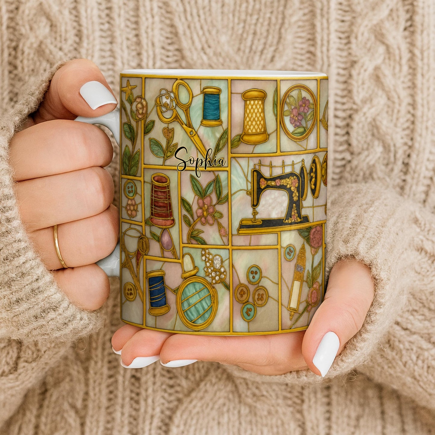 Craft Themed Personalized Mug Featuring Sewing Machine And Flowers