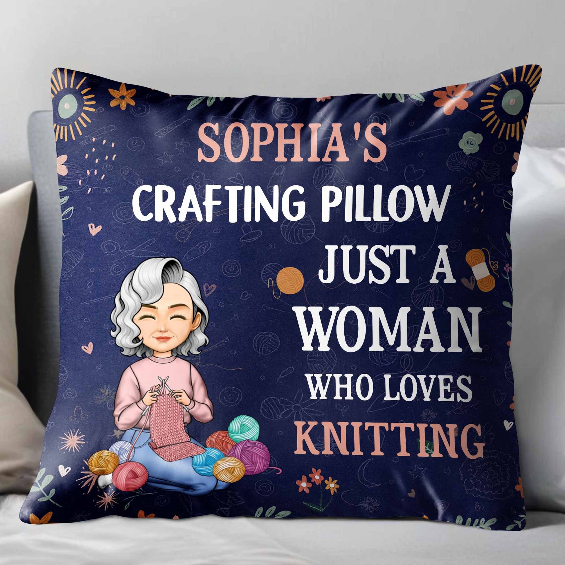 Just A Woman Who Loves Knitting, Yarn Balls And Flowers