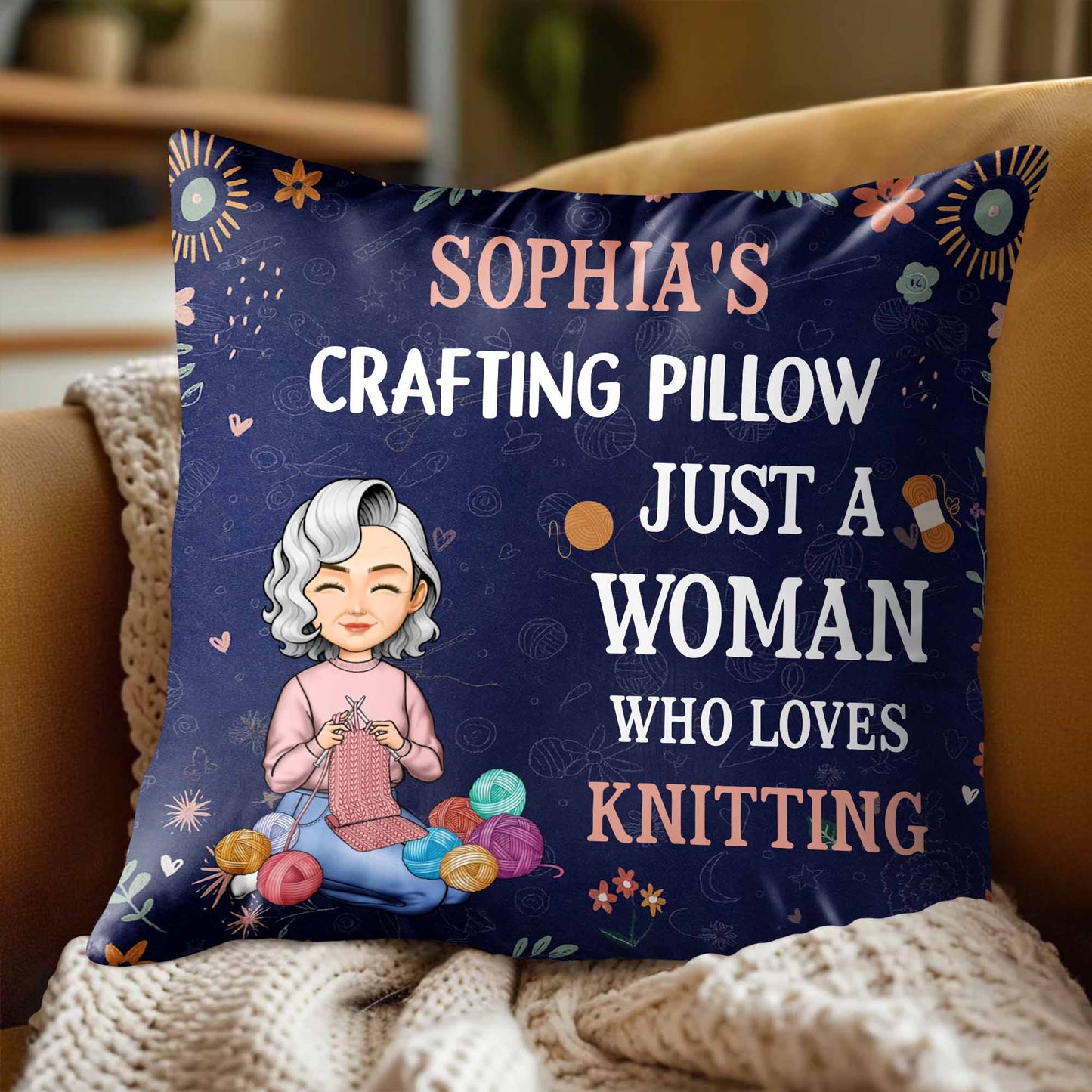 Just A Woman Who Loves Knitting, Yarn Balls And Flowers