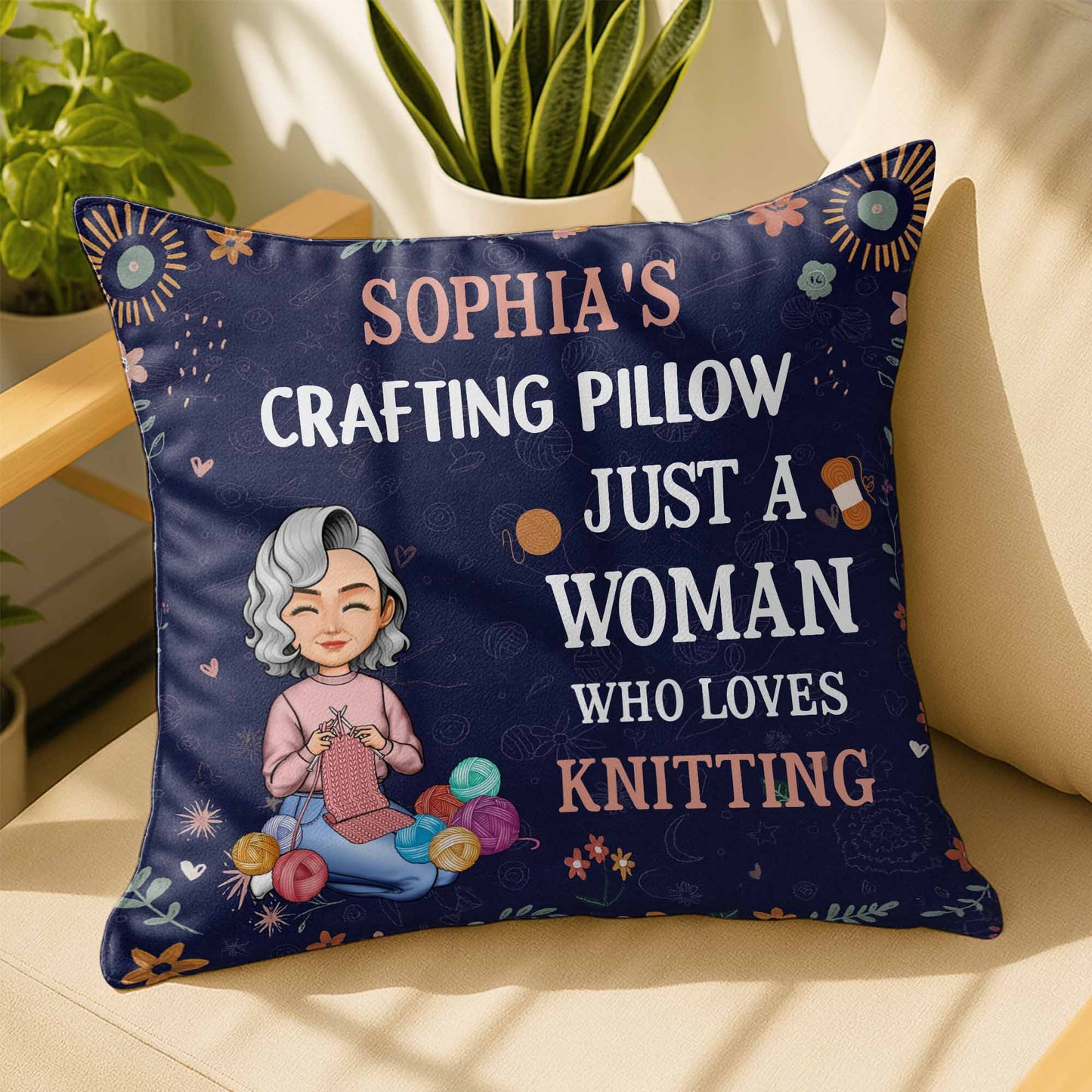 Just A Woman Who Loves Knitting, Yarn Balls And Flowers